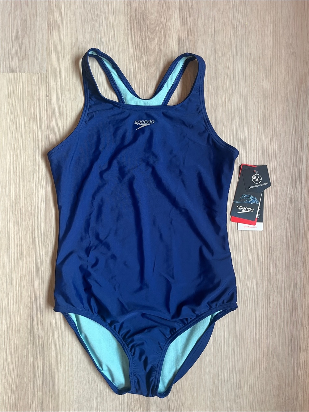 Girl’s One Piece Speedo Navy Blue One-Piece Swimsuit with Light Blue Lining BNWT